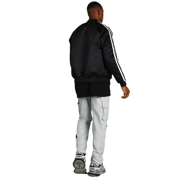 BoohooMan Black Satin Bomber Jacket with Side Stripes - Picture 7 of 10